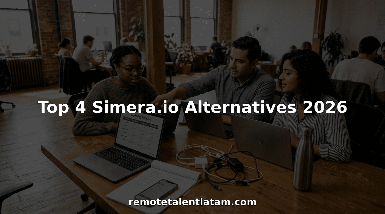 Team comparing remote hiring platforms at coworking table